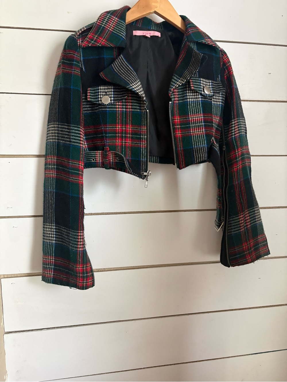Cropped Plaid Moto Jacket - Green & Red